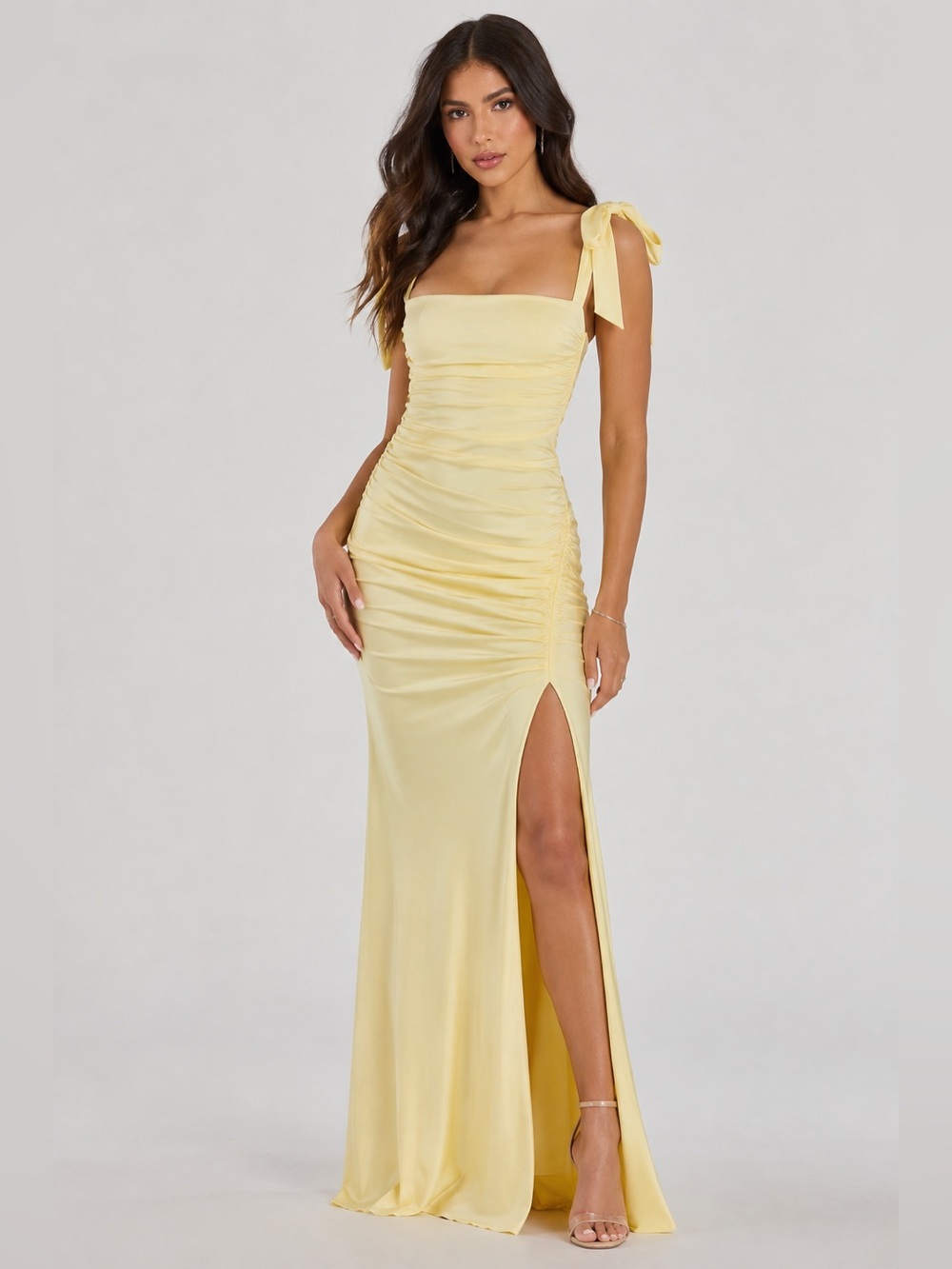 Windsor Yellow Satin Ruched Maxi Dress — XS, New With Tags